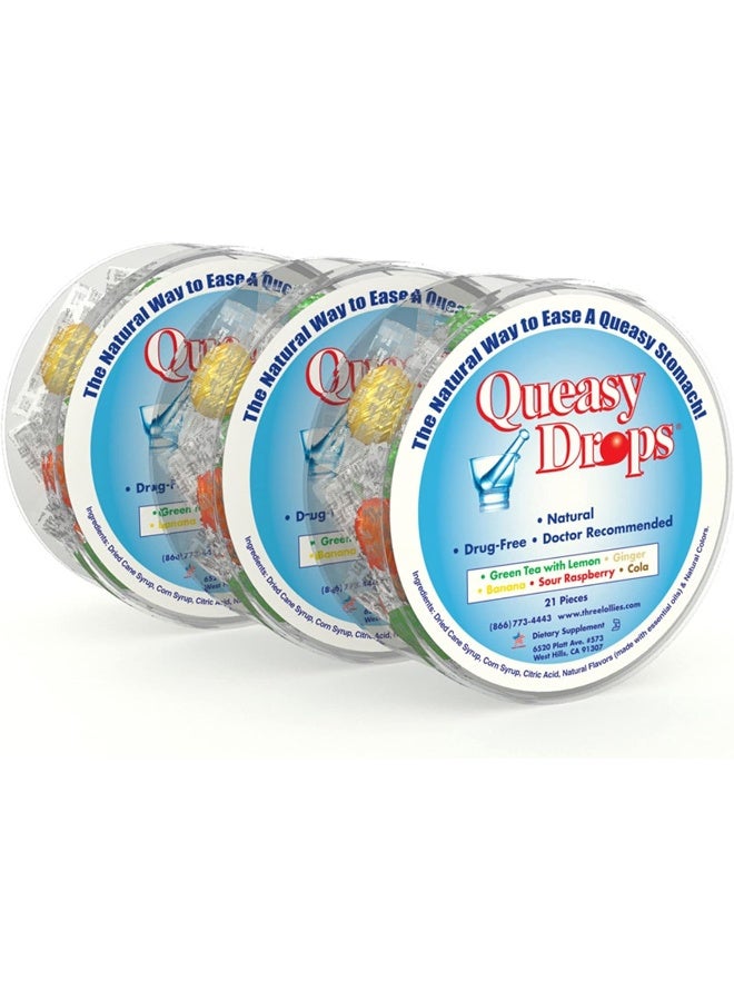 Three Lollies Queasy Drops | 3 Pack: 21 Drops Each | Nausea Relief (Chemo, Motion Sickness, Hangover etc.) | Drug Free & Gluten Free | Five Flavors: Green Tea with Lemon, Ginger, Raspberry, Banana & Cola - Image 1